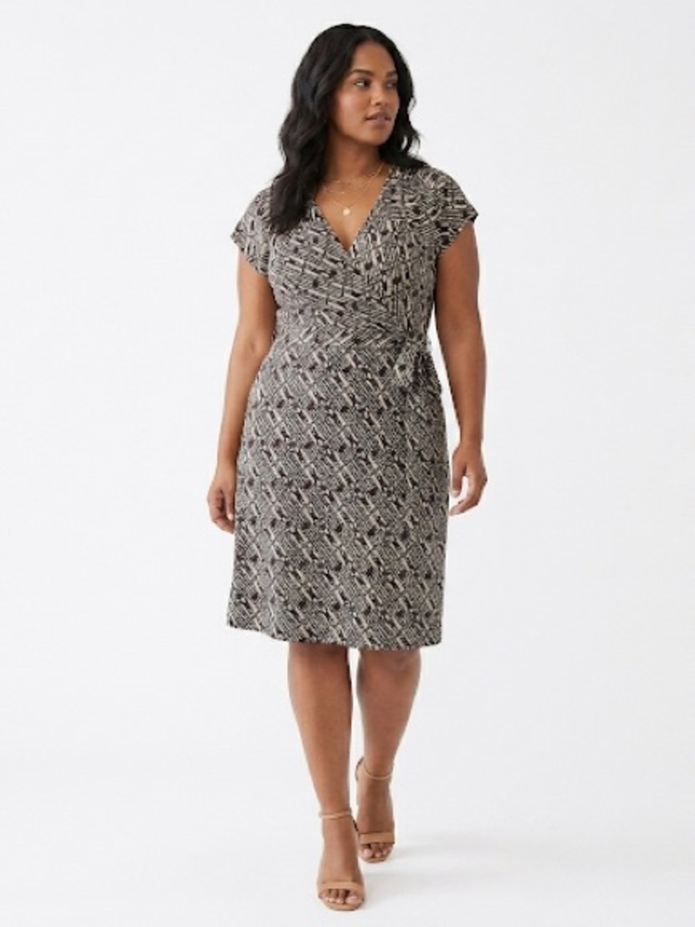 Classic White Printed Wrap Midi Dress with Maroon Dot Detail
